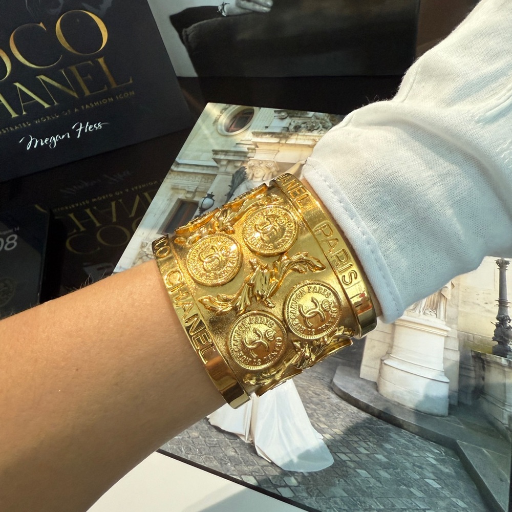 LOT 2230 24K gold plated CHANEL Gold Medallion Cuff Bracelet